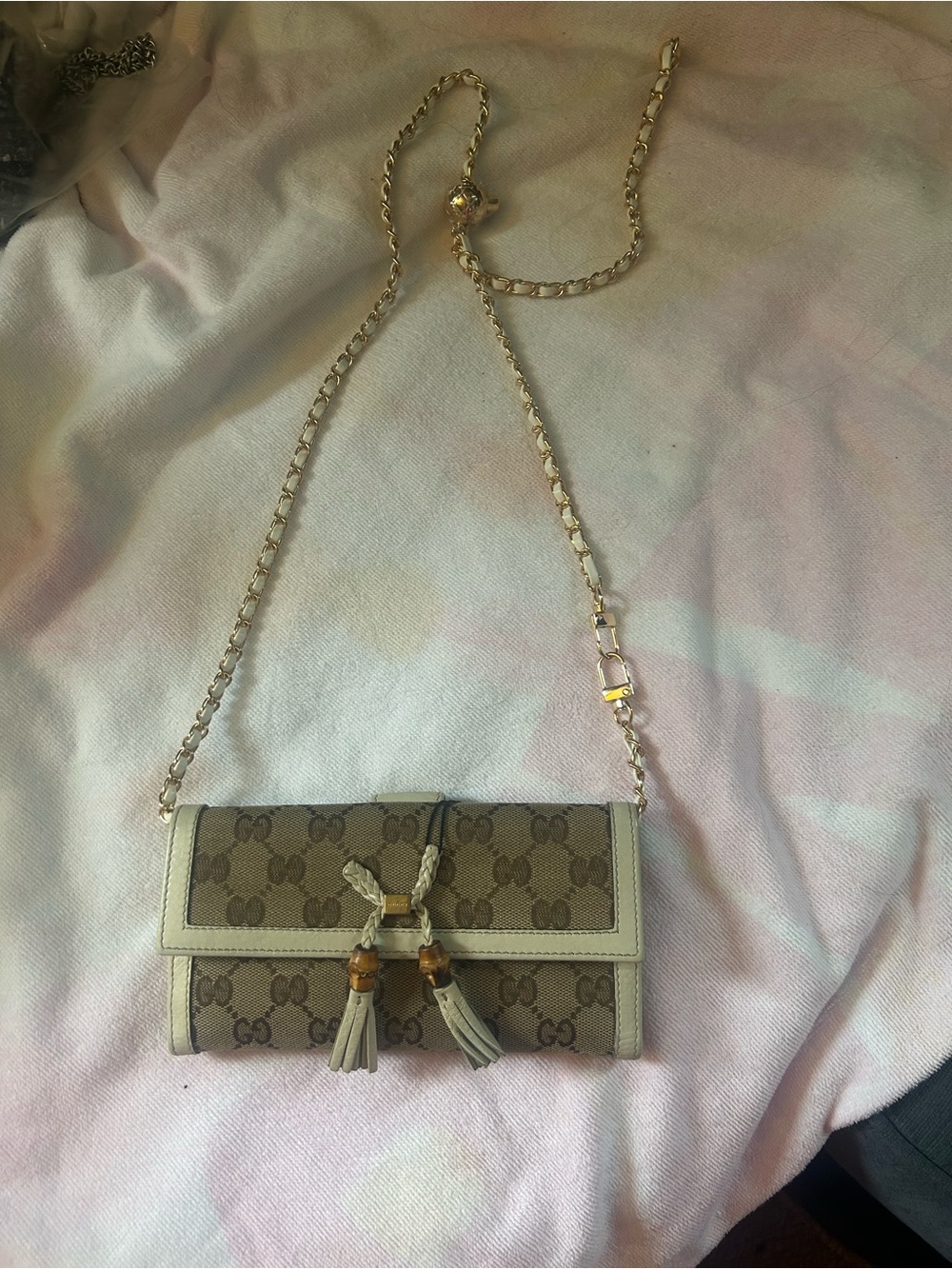 Gucci Beige Monogram Tassel Chain Crossbody
